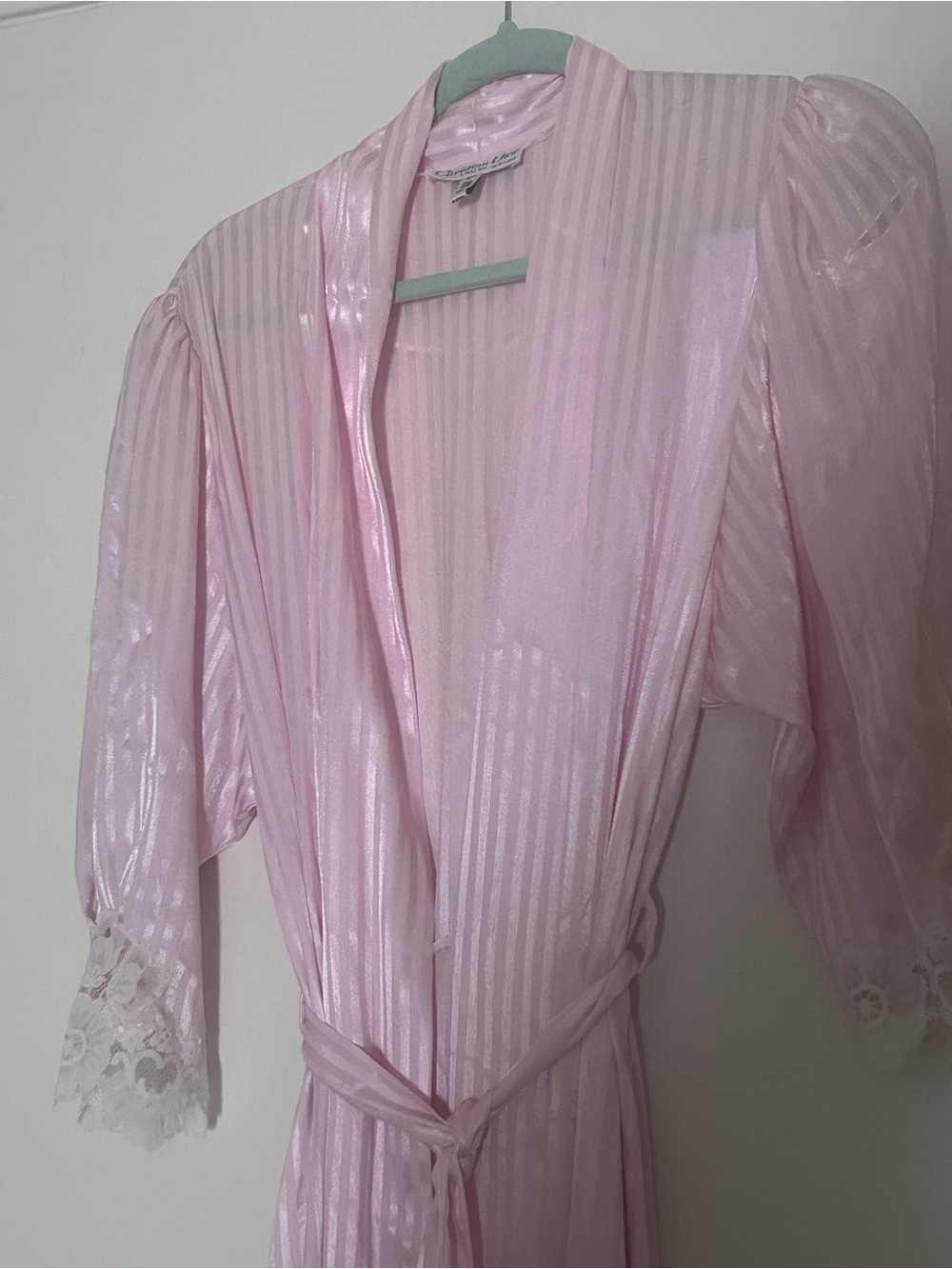 Vintage Christian Dior Shimmery Light Pink Satin Robe with Lace Cuffs!